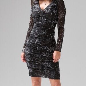 White House Black Market Constellation Print LS Ruched Mesh Midi Dress Size XXS